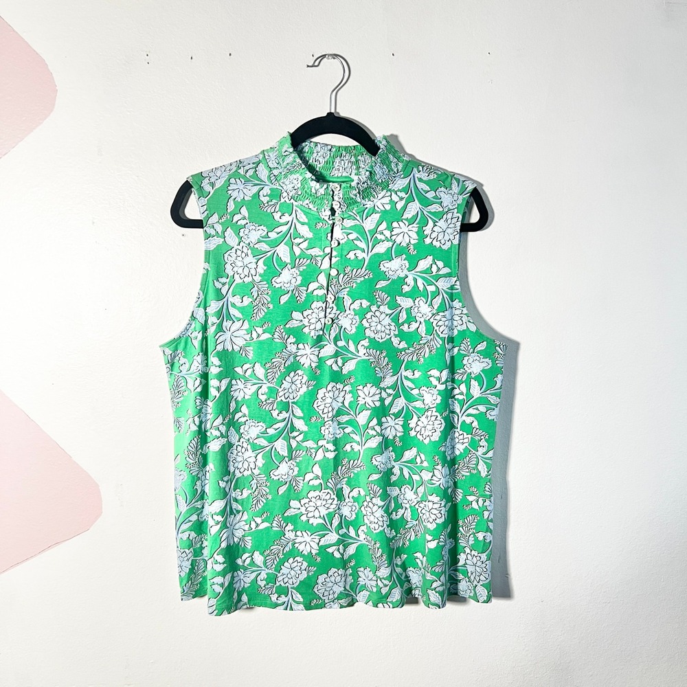 J. Jill Tank Top Women's XL Green Floral Mock Neck Cotton Tencel Coastal